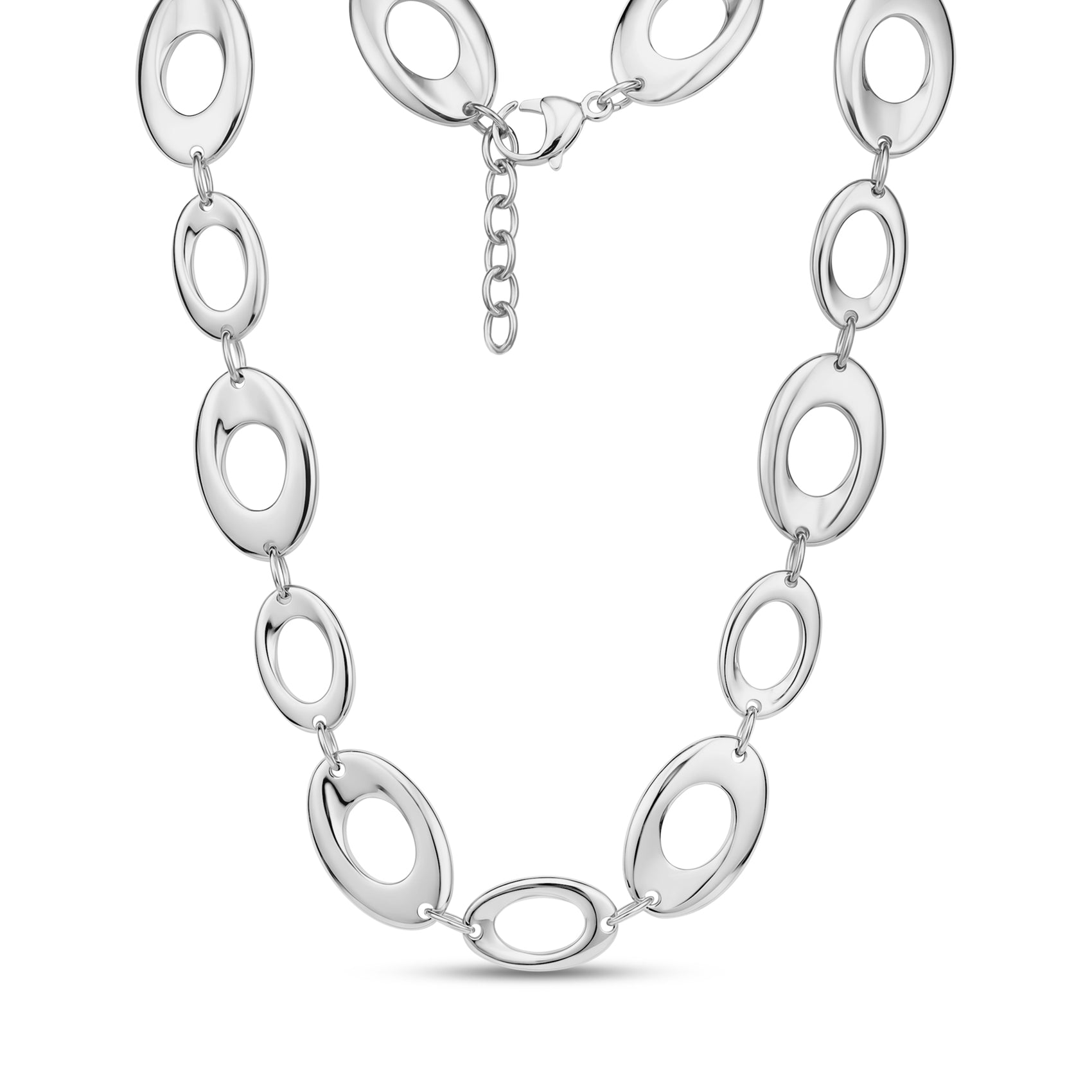 Close-up of polished silver stainless steel bold oval link statement necklace with lobster clasp and extension chain