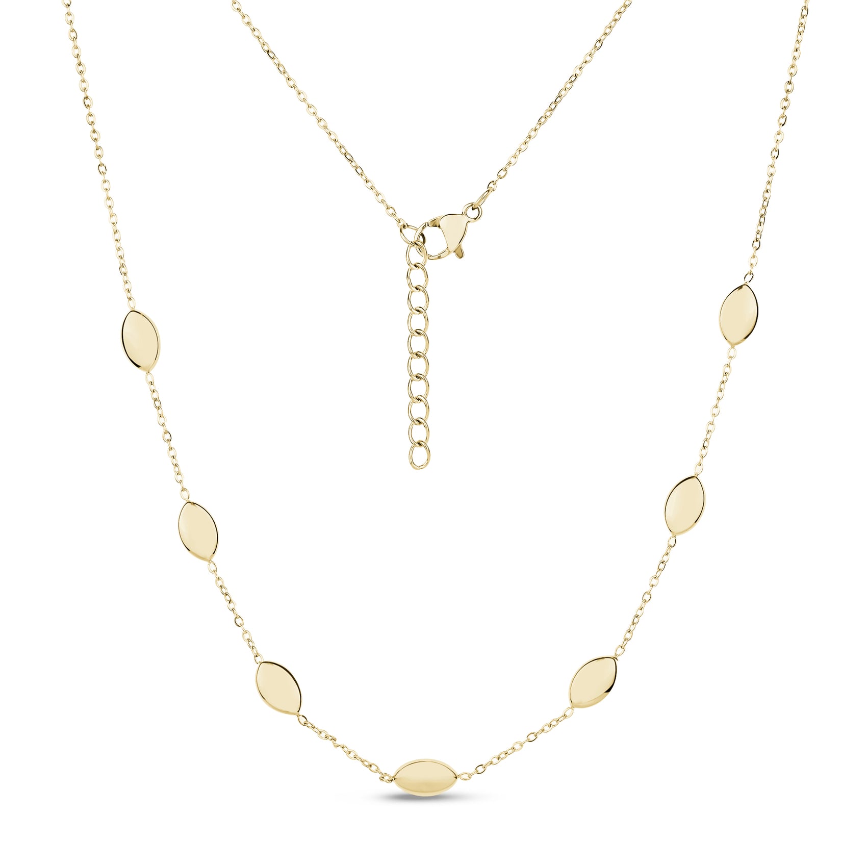 Gold sleek oval dome linked necklace with adjustable chain clasp on white background