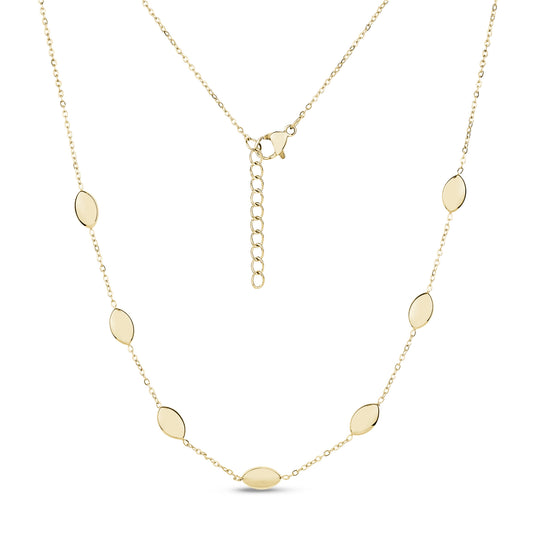 Gold sleek oval dome linked necklace with adjustable chain clasp on white background