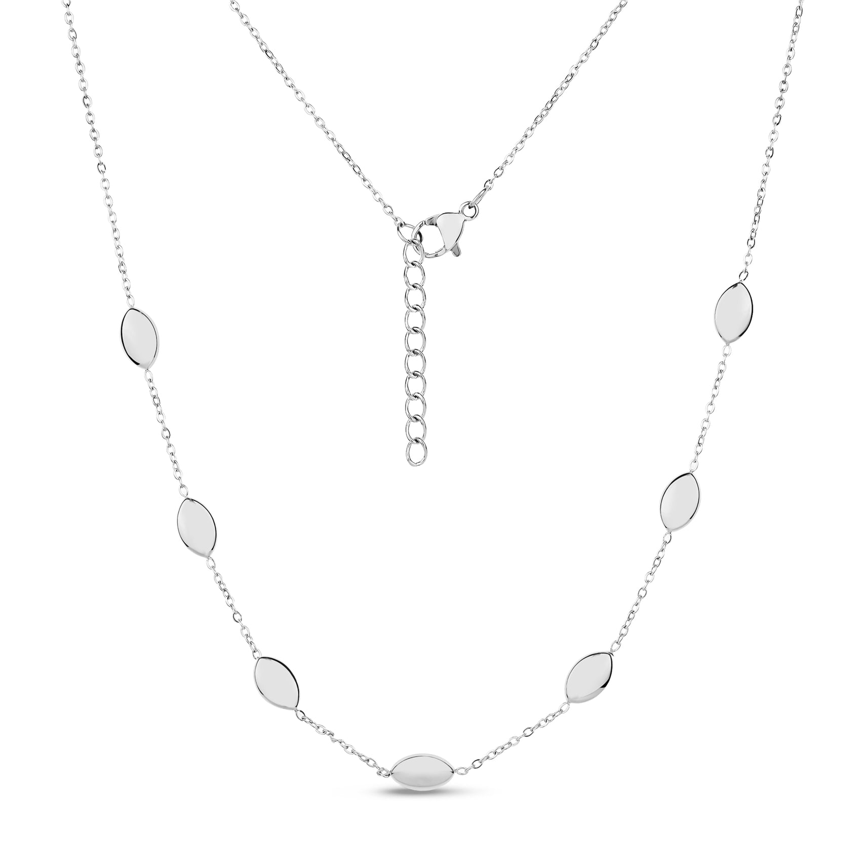 Silver sleek oval dome linked necklace with adjustable chain clasp on white background