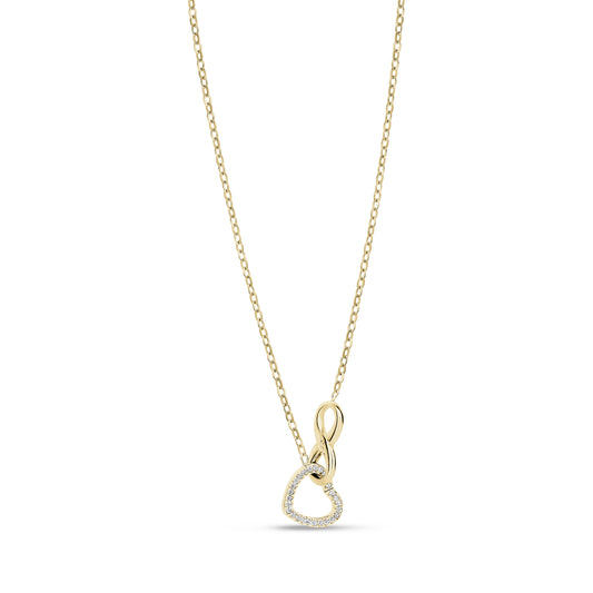 Gold infinity heart pendant necklace with crystal stones on a delicate chain with extension