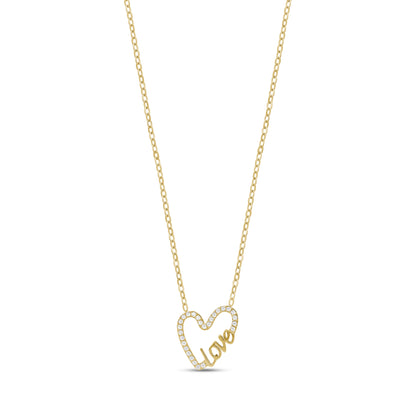 Gold open heart necklace with sparkling stones and 'Love' script pendant on a fine chain