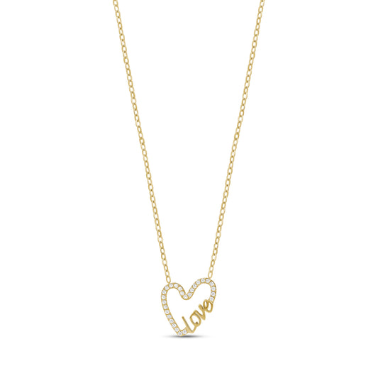 Gold open heart necklace with sparkling stones and 'Love' script pendant on a fine chain