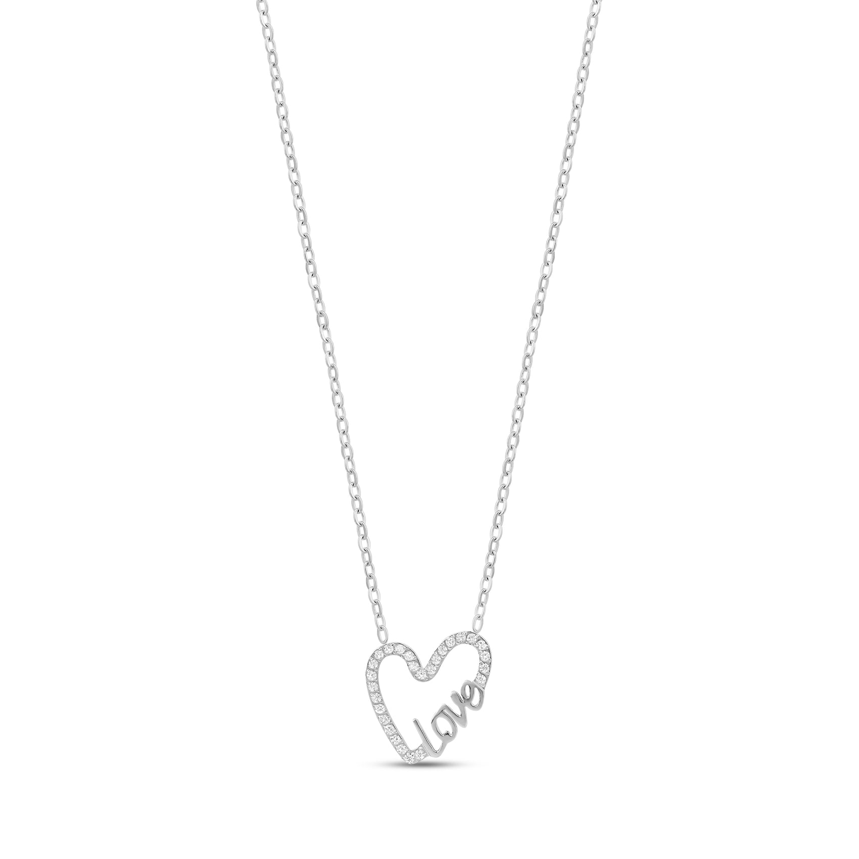 Silver open heart necklace with sparkling stones and 'Love' script pendant on a fine chain