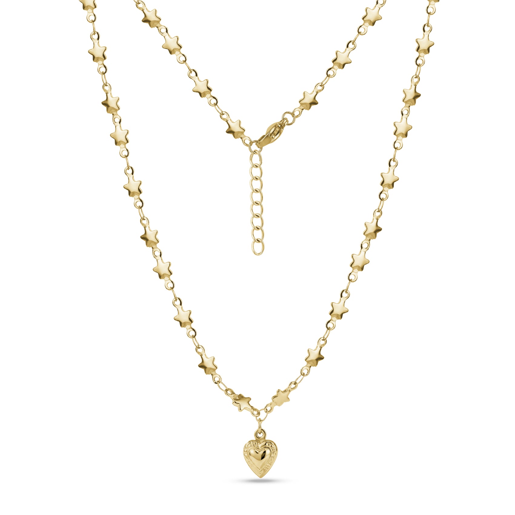 Gold stainless steel star link necklace with 9mm heart charm pendant and adjustable chain