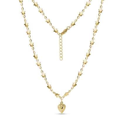 Gold stainless steel star link necklace with 9mm heart charm pendant and adjustable chain