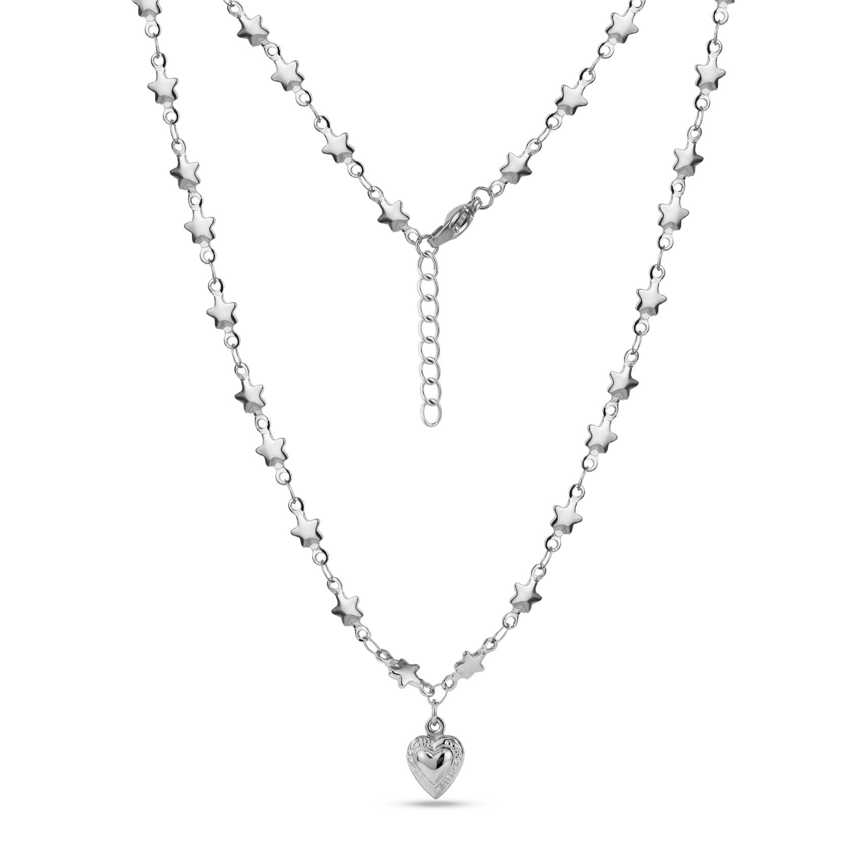 Silver stainless steel star link necklace with 9mm heart charm pendant and adjustable chain