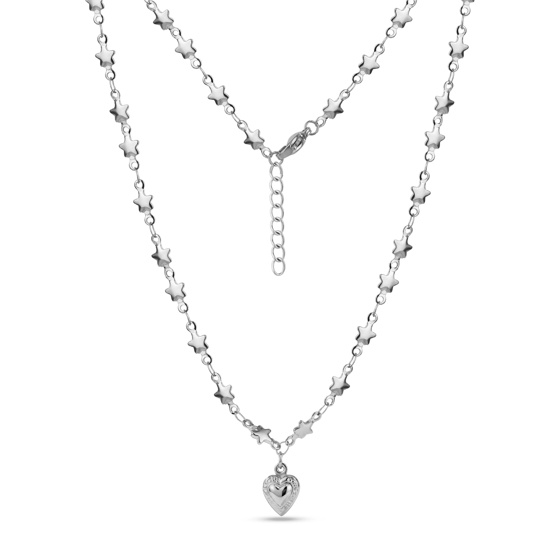 Silver stainless steel star link necklace with 9mm heart charm pendant and adjustable chain