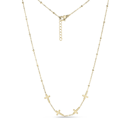 Gold-tone stainless steel necklace featuring five small cross charms with beaded chain, adjustable lobster clasp closure.
