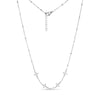Silver stainless steel necklace with five small cross charms and beaded chain detailing, showing adjustable lobster clasp.