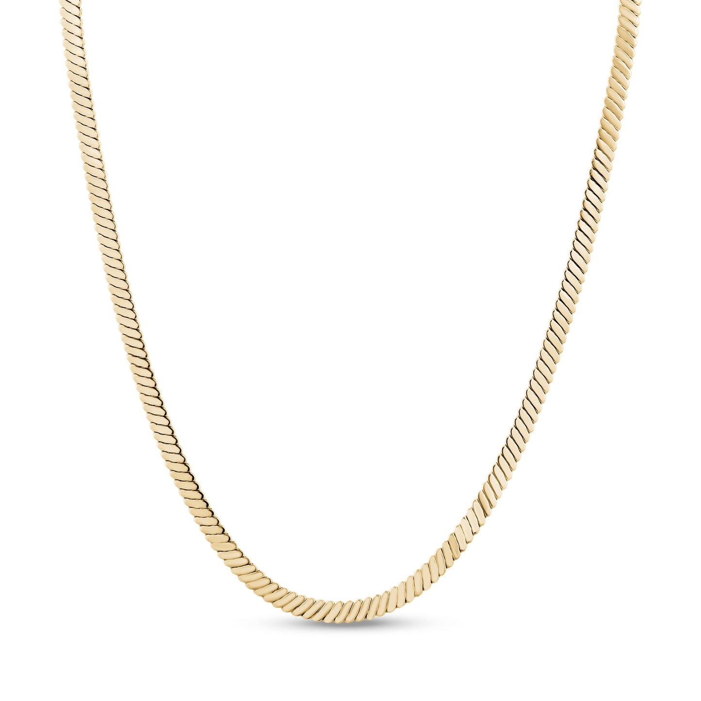Gold refined flat twist necklace shown close-up highlighting polished stainless steel twist links