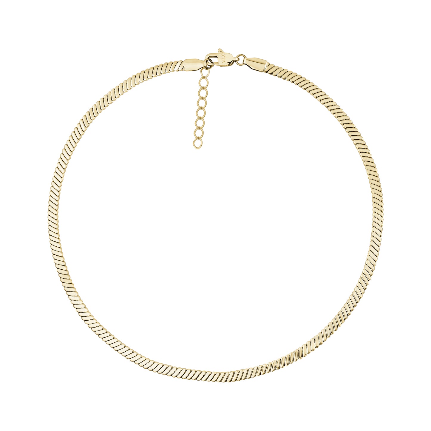 Gold refined flat twist necklace with lobster clasp and 2 inch extension chain laid flat for length view