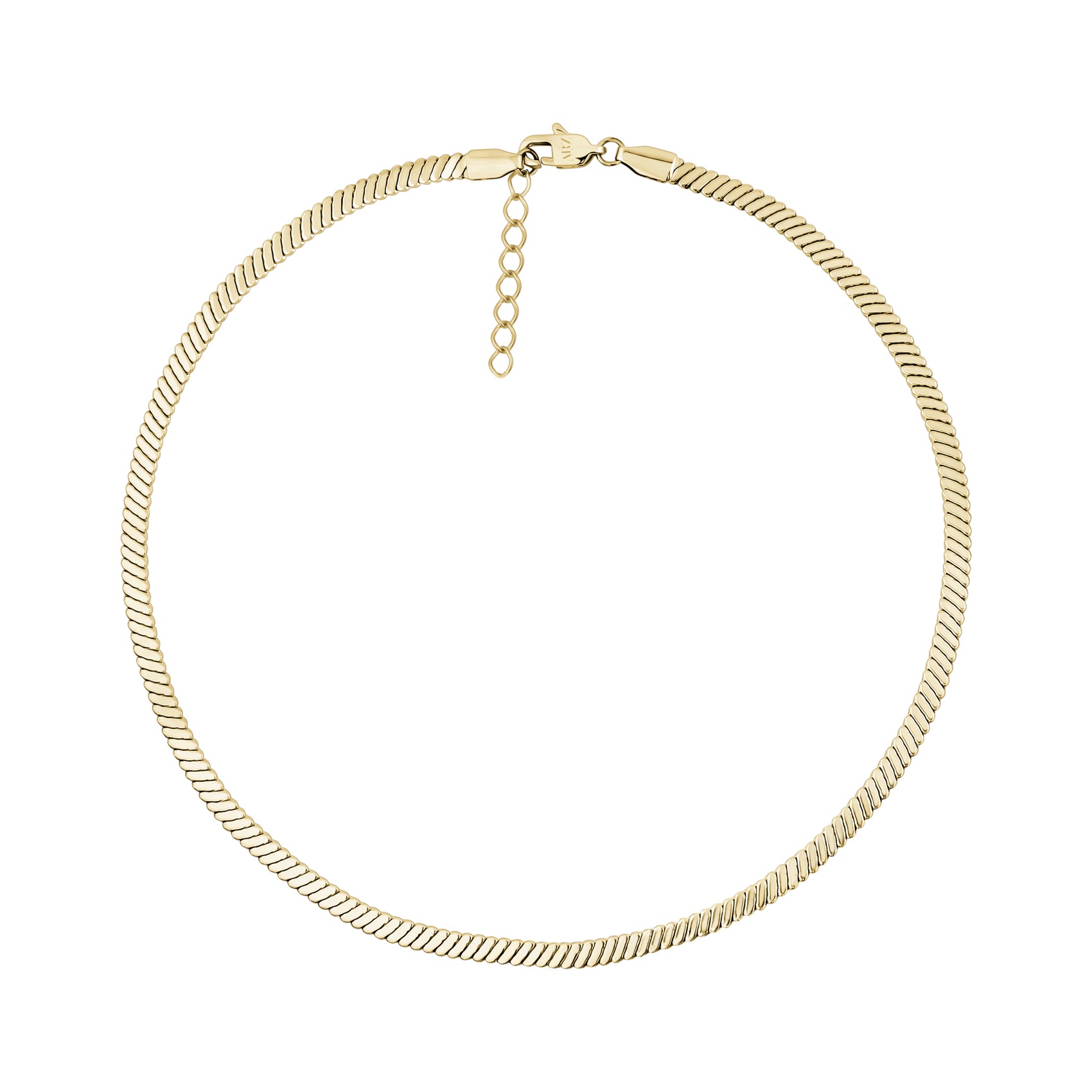 Gold refined flat twist necklace with lobster clasp and 2 inch extension chain laid flat for length view