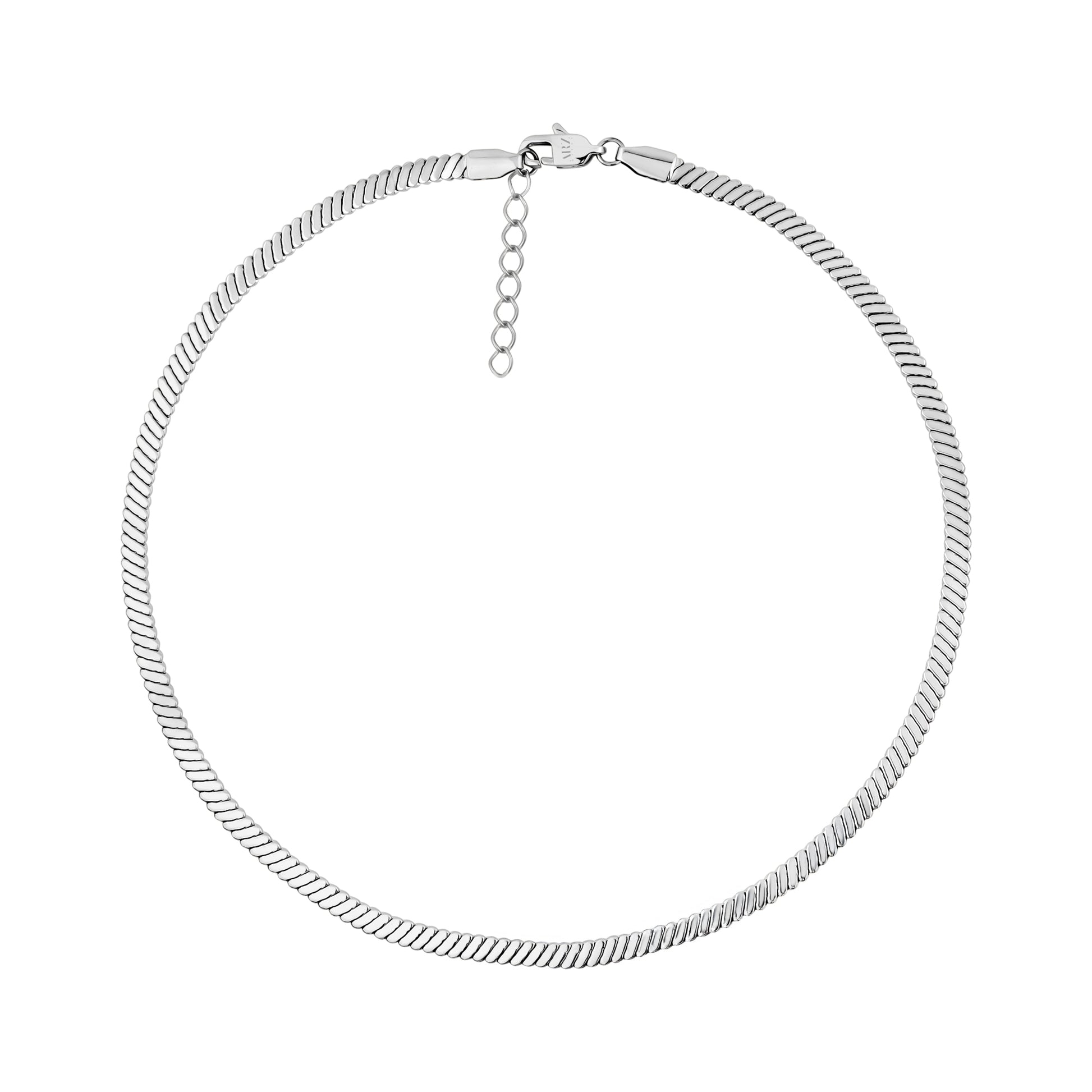 Silver refined flat twist necklace with lobster clasp and 2 inch extension chain laid flat