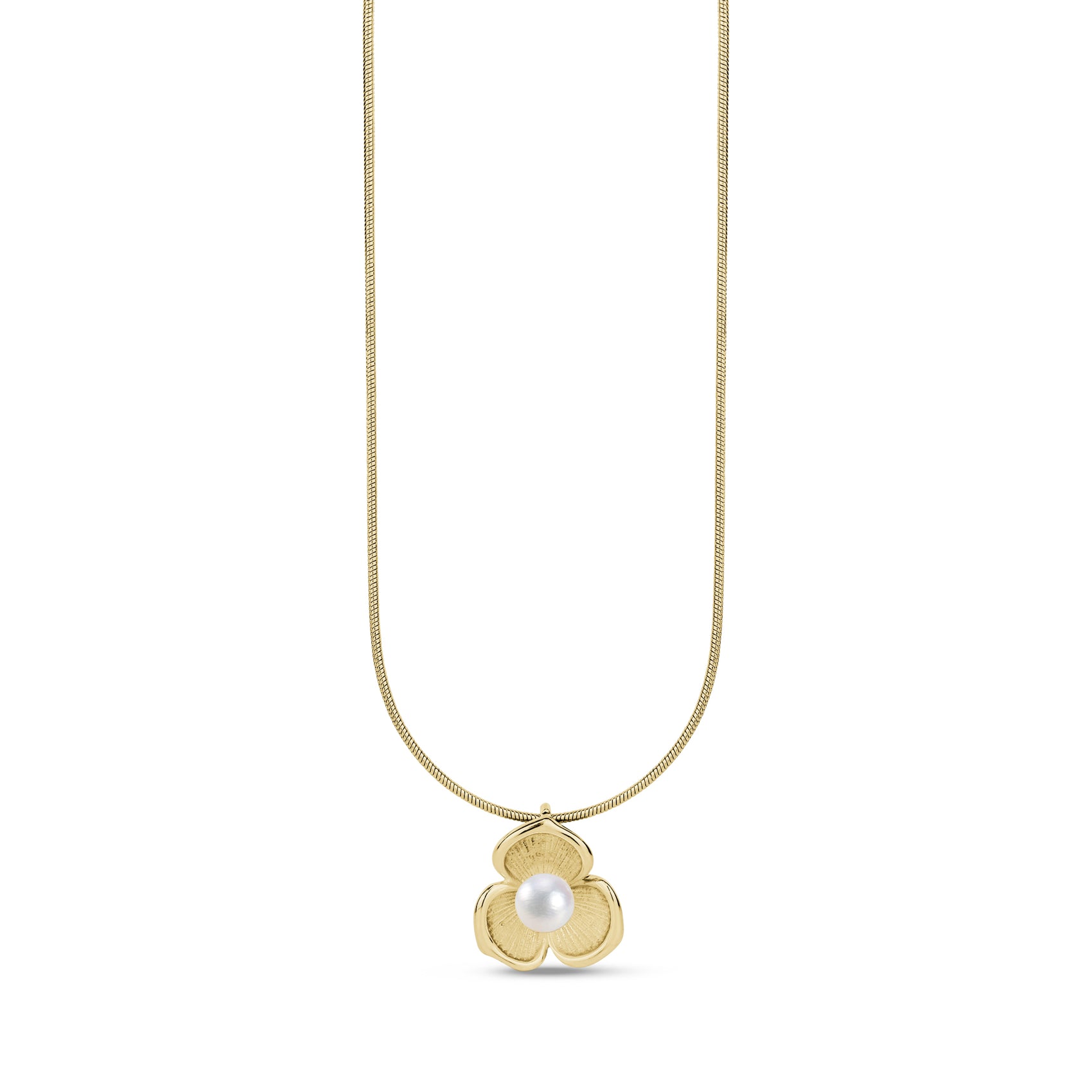Gold flower pendant necklace featuring a 5mm shell pearl centered on a 14mm wide flower design with 1mm snake chain