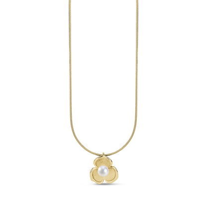 Gold flower pendant necklace featuring a 5mm shell pearl centered on a 14mm wide flower design with 1mm snake chain