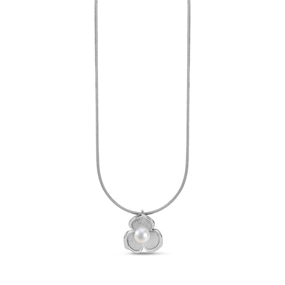 Silver flower pendant necklace featuring a 5mm shell pearl centered on a 14mm wide flower design with 1mm snake chain