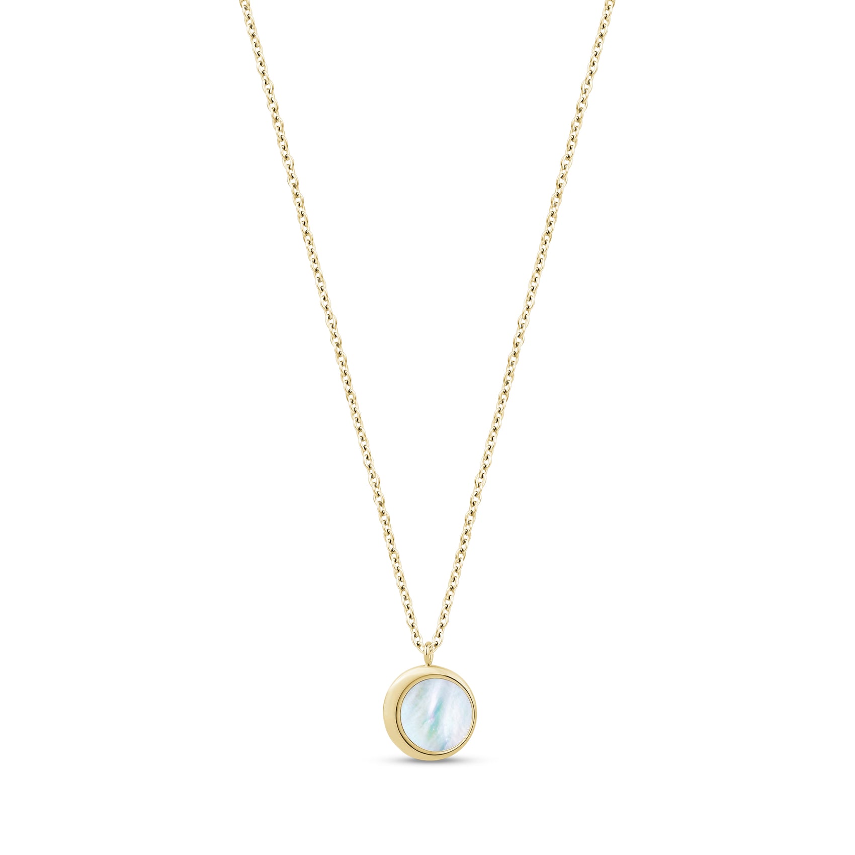 Gold stainless steel women's pendant necklace with round 12mm mother of pearl centerpiece on 16-inch chain with extension
