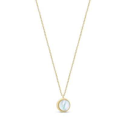 Gold stainless steel women's pendant necklace with round 12mm mother of pearl centerpiece on 16-inch chain with extension