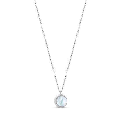 Silver stainless steel women's pendant necklace with round 12mm mother of pearl centerpiece on 16-inch chain with extension