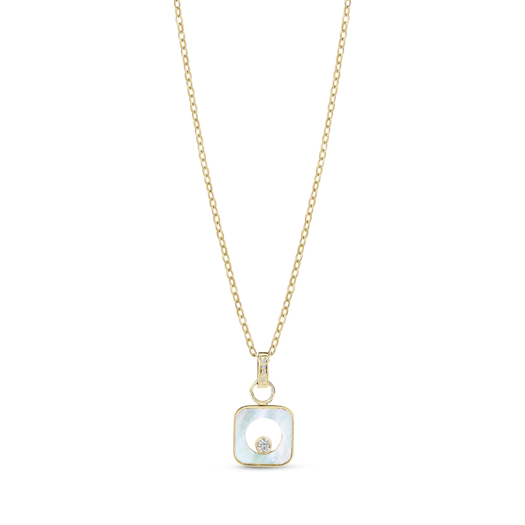 Gold-tone stainless steel women's pendant necklace featuring a 12mm square mother of pearl with central crystal detail on a 16 inch chain