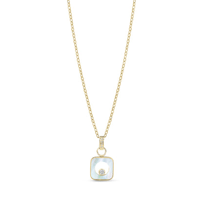 Gold-tone stainless steel women's pendant necklace featuring a 12mm square mother of pearl with central crystal detail on a 16 inch chain