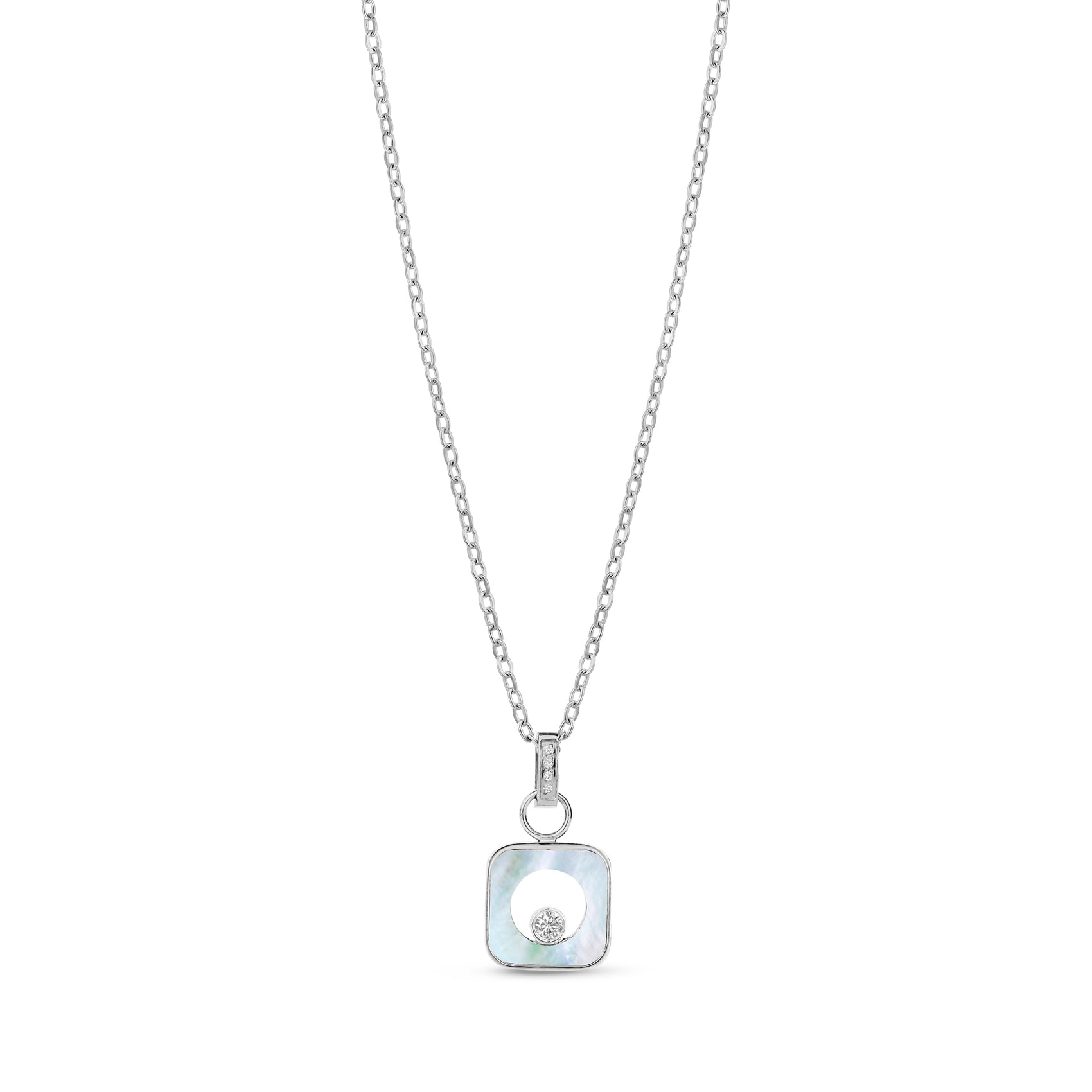 Silver-tone stainless steel women's pendant necklace with 12mm square mother of pearl design and central crystal on a 16 inch chain