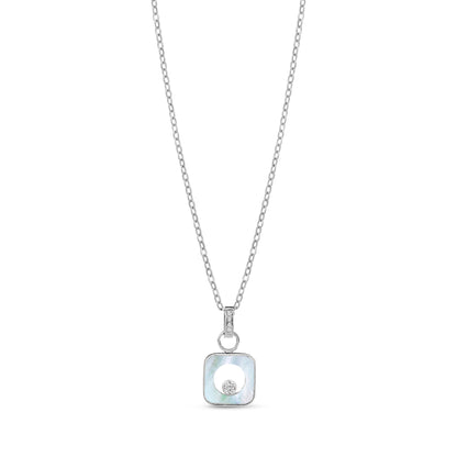 Silver-tone stainless steel women's pendant necklace with 12mm square mother of pearl design and central crystal on a 16 inch chain