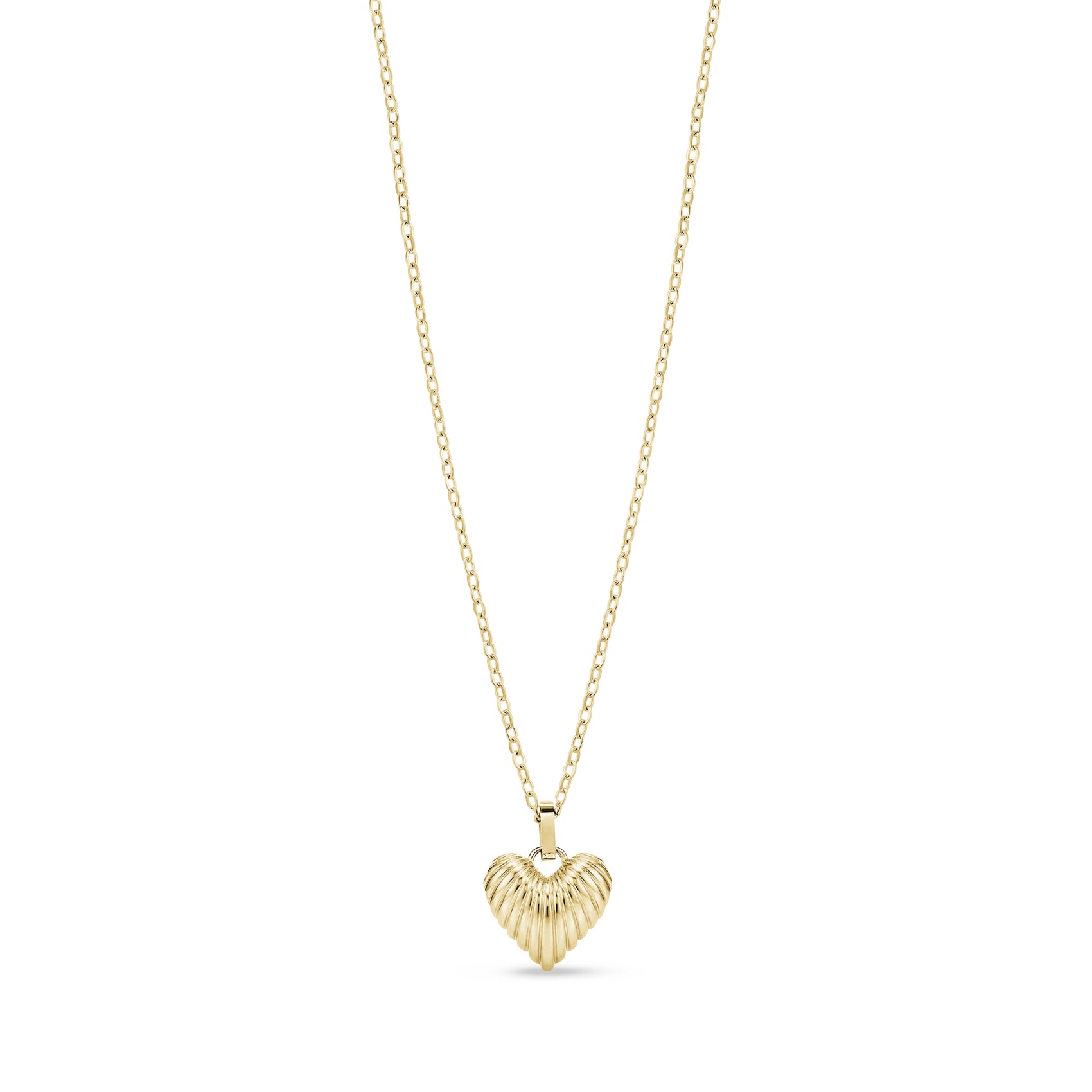 Gold tone heart shell pendant necklace with 16 inch chain and 2 inch extension