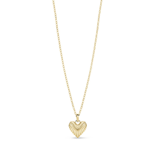 Gold tone heart shell pendant necklace with 16 inch chain and 2 inch extension