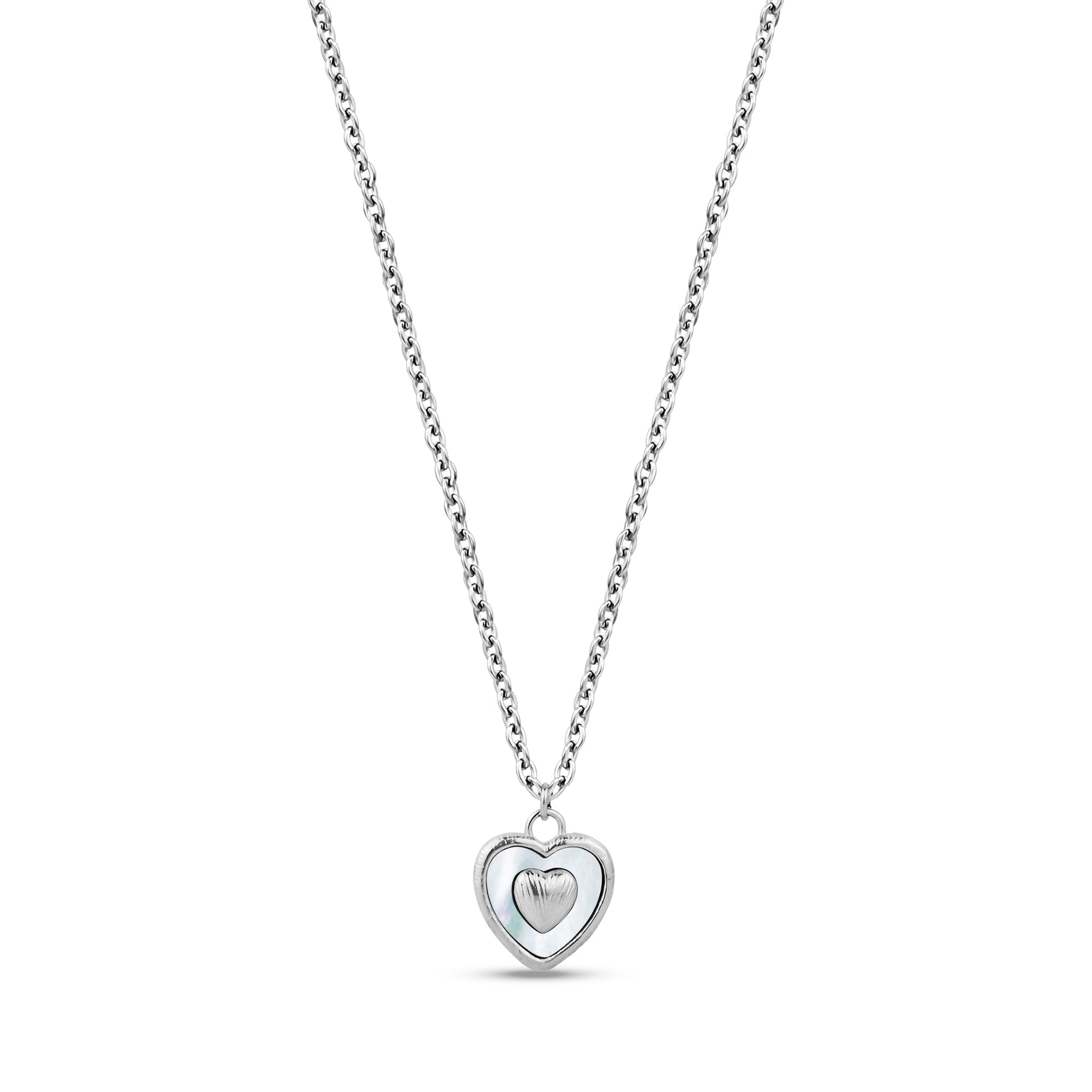 Silver-tone textured heart pendant necklace with mother of pearl inlay on 16 inch chain with extension