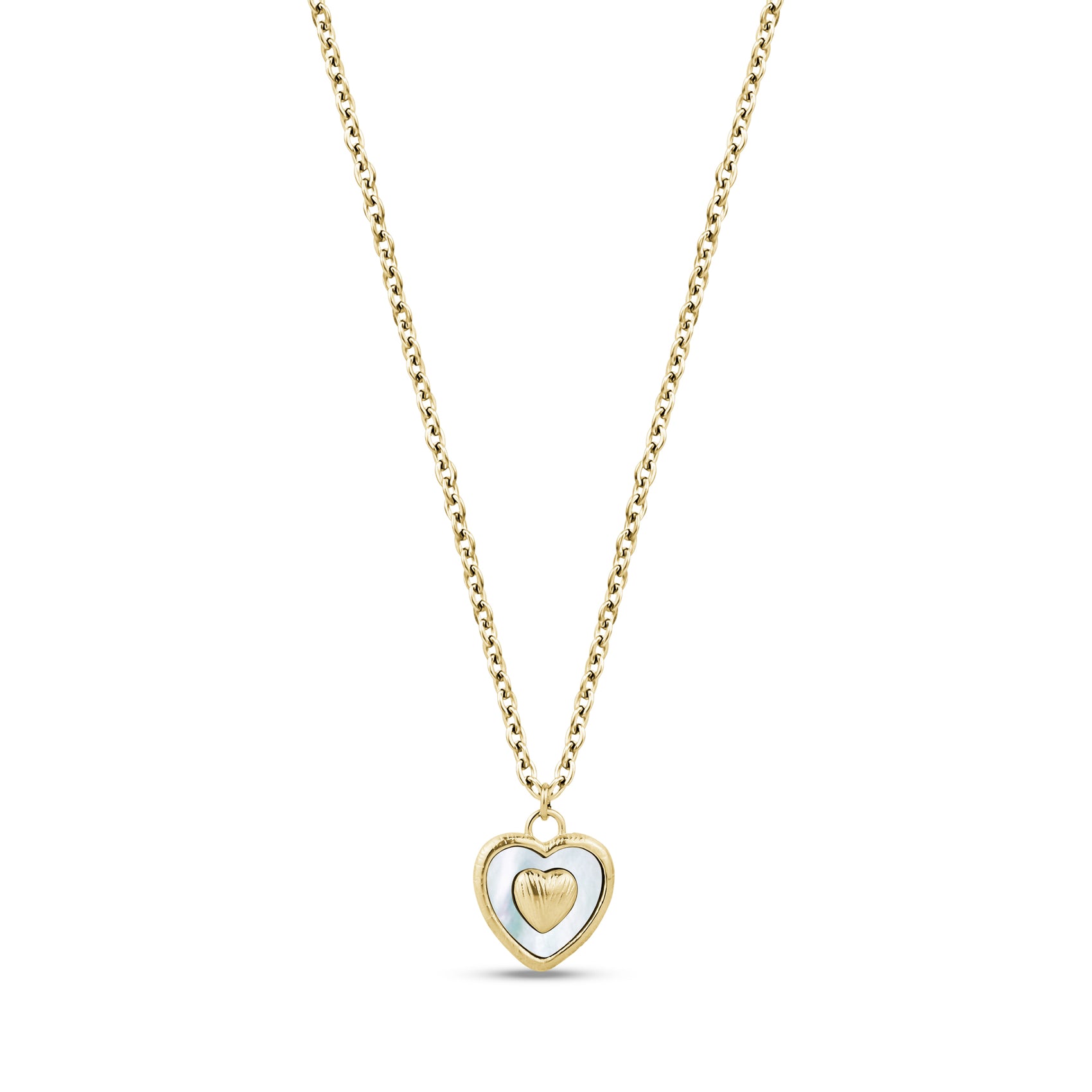 Gold-tone textured heart pendant necklace with mother of pearl inlay on 16 inch chain with extension