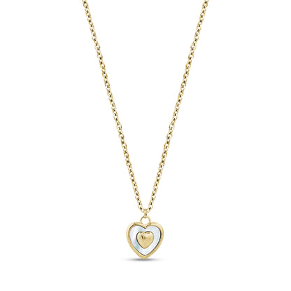 Gold-tone textured heart pendant necklace with mother of pearl inlay on 16 inch chain with extension
