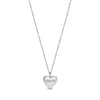 Silver stainless steel heart-shaped pendant necklace with engraved 'mom' text and chain on white background