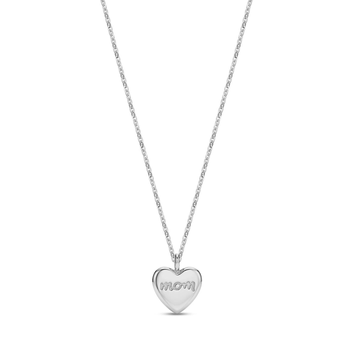 Silver stainless steel heart-shaped pendant necklace with engraved 'mom' text and chain on white background