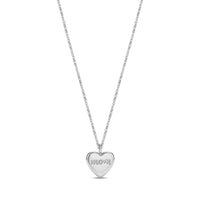 Silver stainless steel heart-shaped pendant necklace with engraved 'mom' text and chain on white background