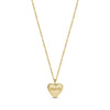Gold-tone stainless steel heart-shaped pendant necklace with engraved 'mom' text and chain on white background