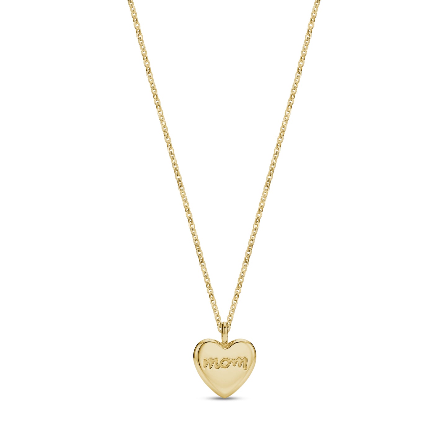 Gold-tone stainless steel heart-shaped pendant necklace with engraved 'mom' text and chain on white background