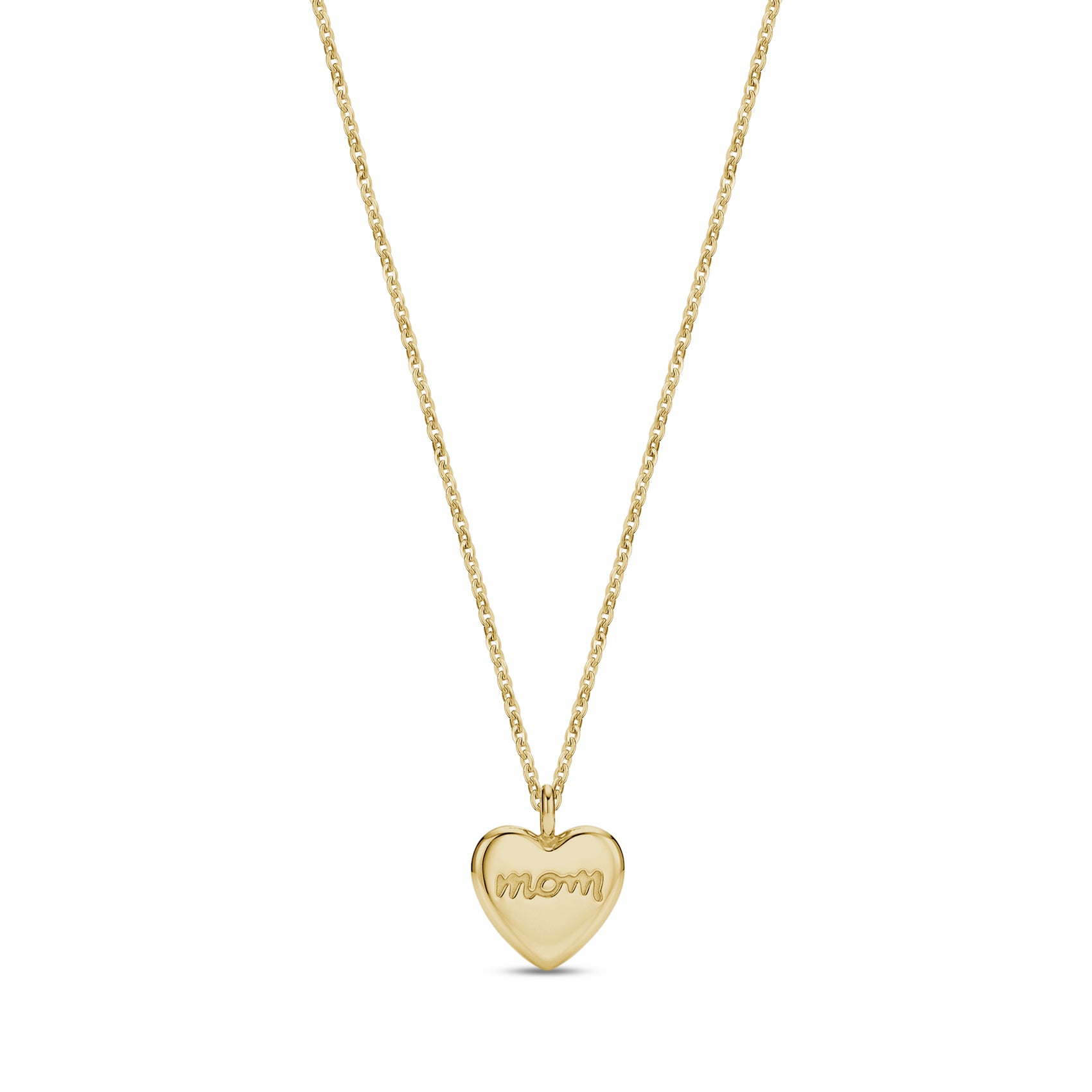 Gold-tone stainless steel heart-shaped pendant necklace with engraved 'mom' text and chain on white background