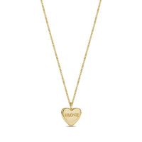 Gold-tone stainless steel heart-shaped pendant necklace with engraved 'mom' text and chain on white background