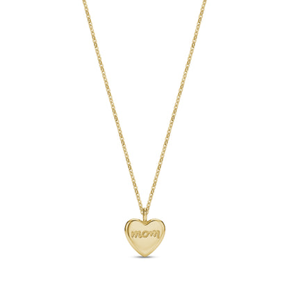 Gold-tone stainless steel heart-shaped pendant necklace with engraved 'mom' text and chain on white background