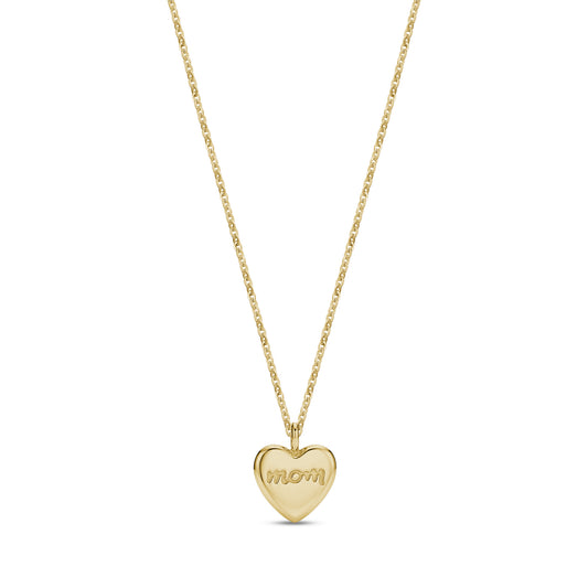 Gold-tone stainless steel heart-shaped pendant necklace with engraved 'mom' text and chain on white background