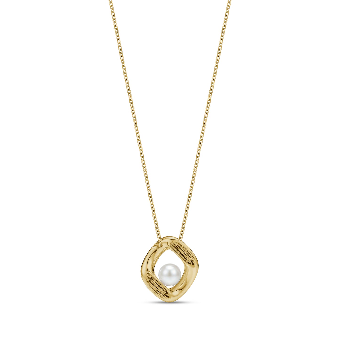 Gold stainless steel womens pendant necklace showcasing a textured bold frame with a central white pearl on a 2mm wide chain