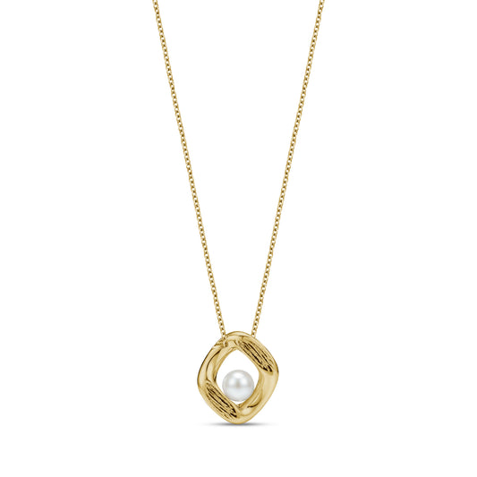 Gold stainless steel womens pendant necklace showcasing a textured bold frame with a central white pearl on a 2mm wide chain