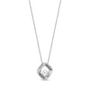 Silver stainless steel womens pendant necklace featuring a textured bold frame with a central white pearl on a 2mm wide chain