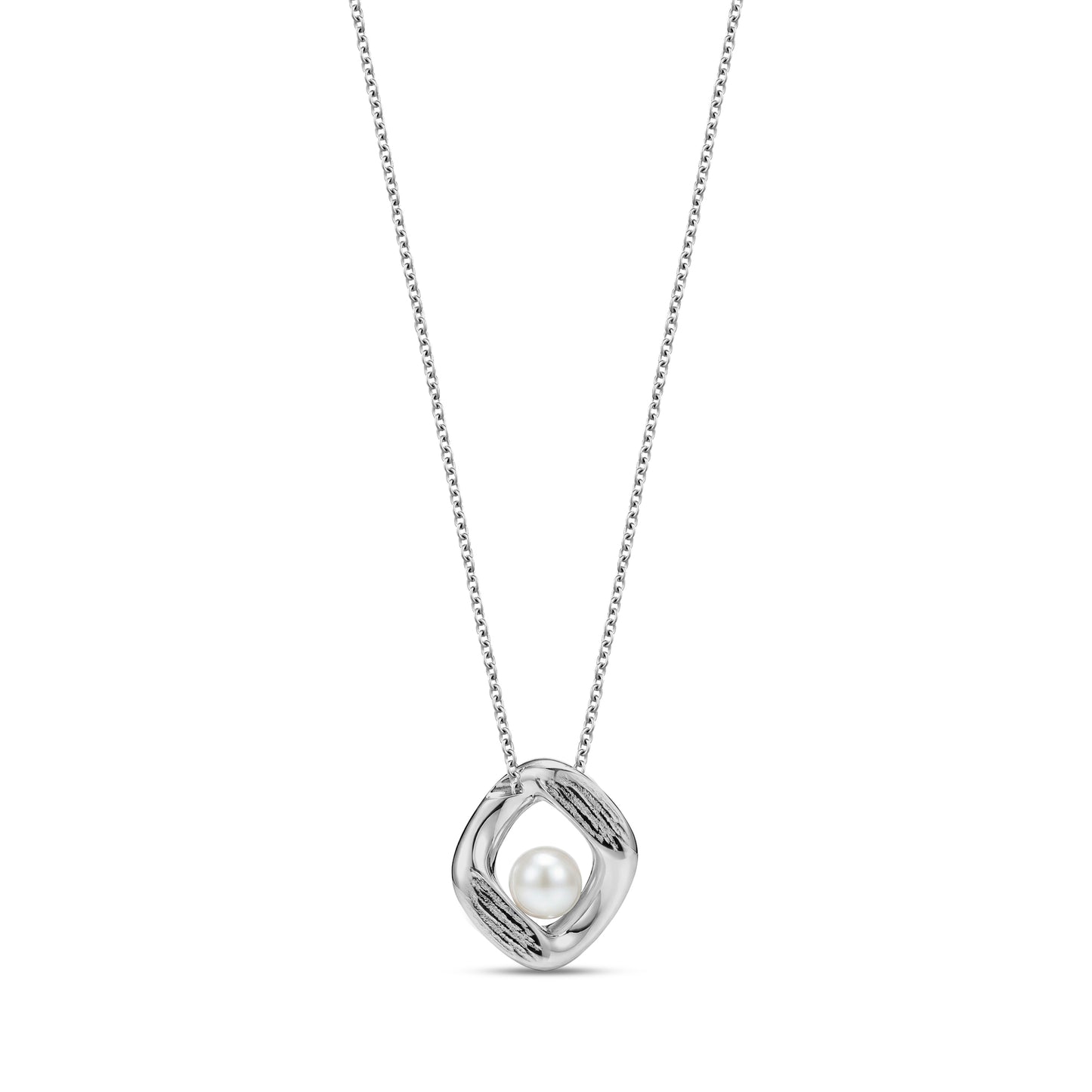 Silver stainless steel womens pendant necklace featuring a textured bold frame with a central white pearl on a 2mm wide chain