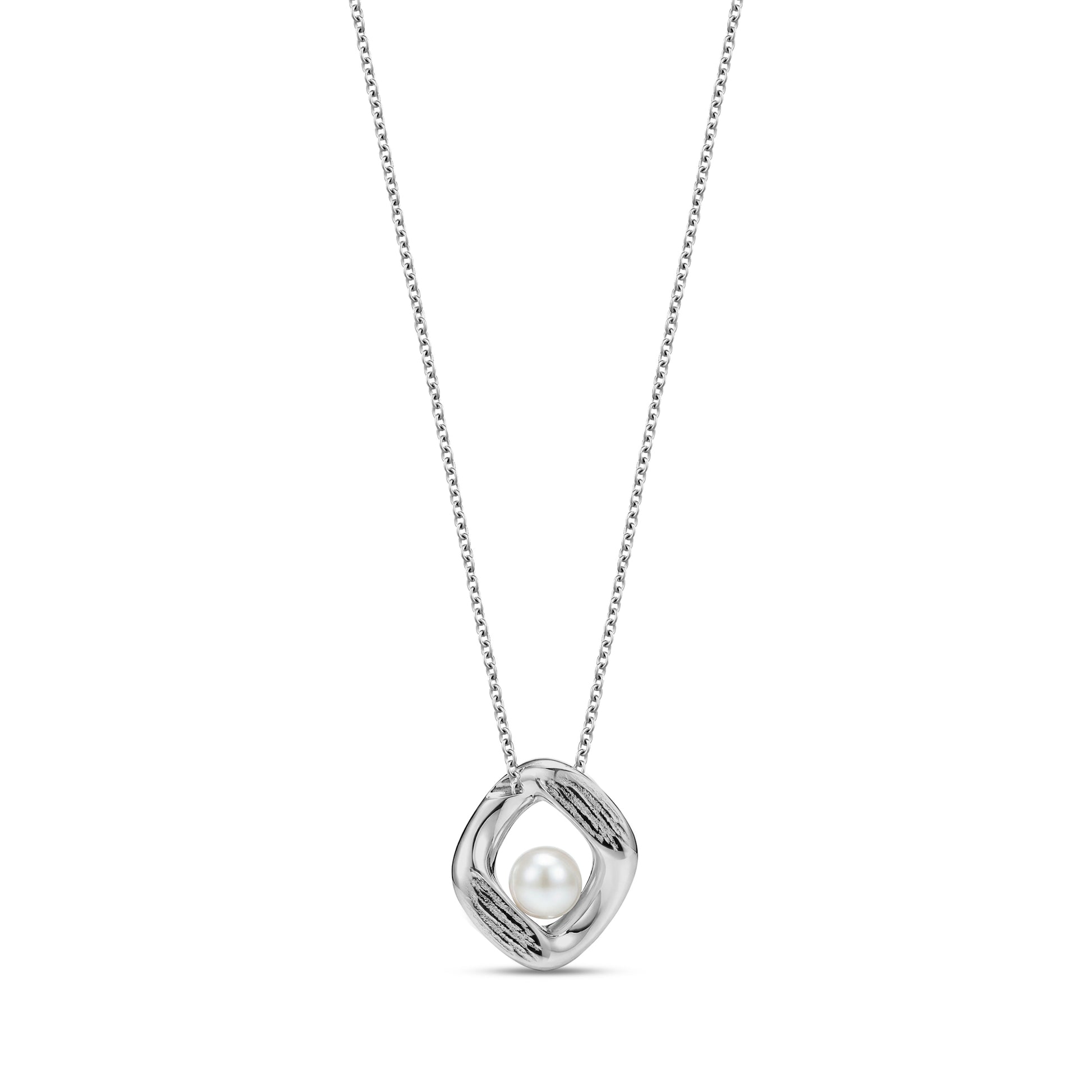 Silver stainless steel womens pendant necklace featuring a textured bold frame with a central white pearl on a 2mm wide chain
