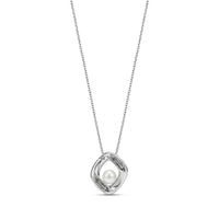 Silver stainless steel womens pendant necklace featuring a textured bold frame with a central white pearl on a 2mm wide chain