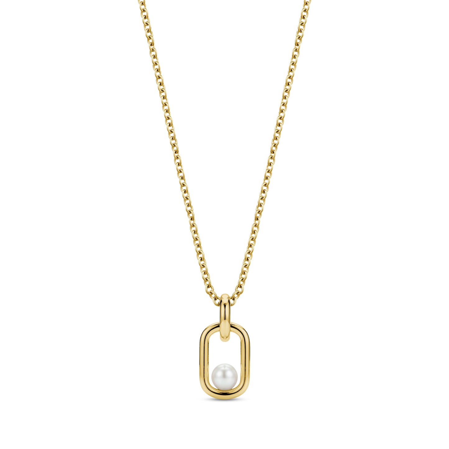 Gold stainless steel Pearl Link Signature Pendant with 5mm shell pearl on a 16-inch adjustable chain