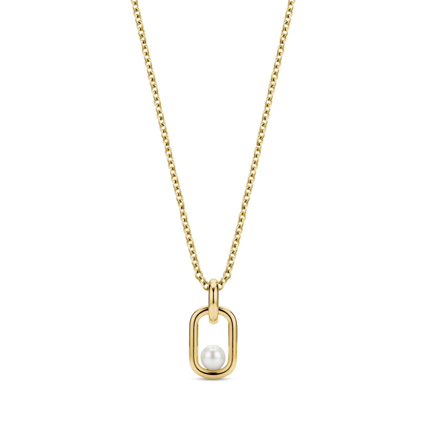Gold stainless steel Pearl Link Signature Pendant with 5mm shell pearl on a 16-inch adjustable chain